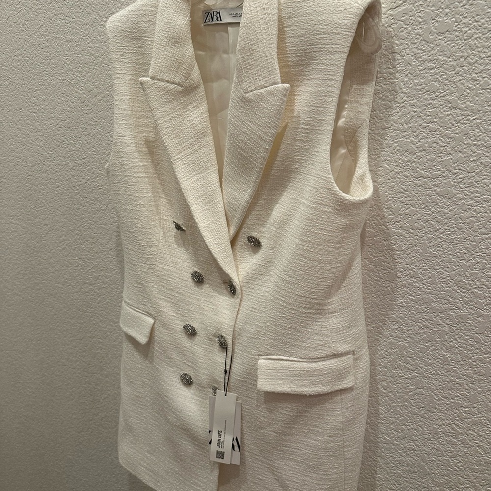 Zara White Sleeveless Double Breasted Blazer Dress XL